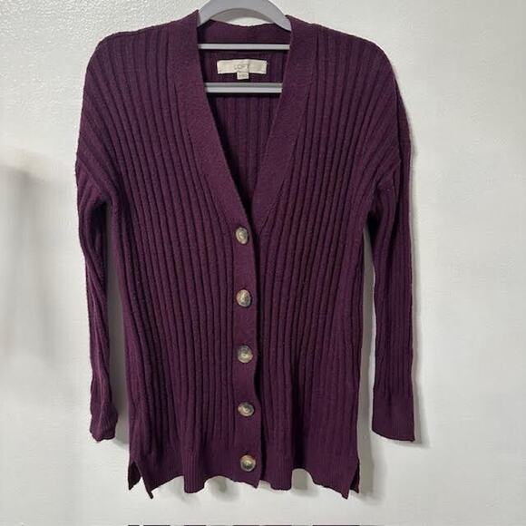 LOFT Women’s Ribbed Button Cardigan Sweater Dark Purple Stretch Knit Size M - Picture 1 of 7